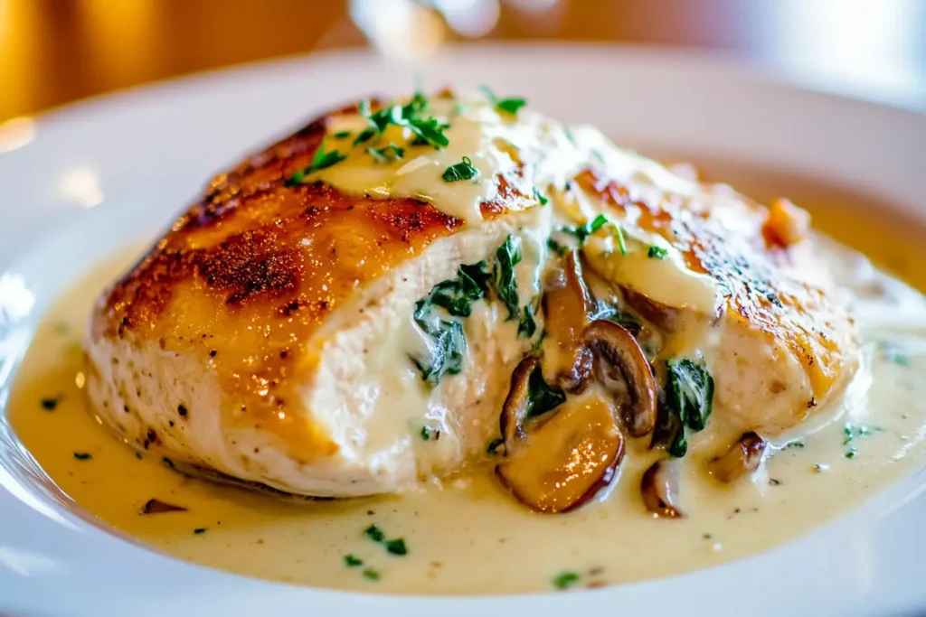 Creamy mushroom and spinach stuffed chicken breast with golden-brown seared skin, filled with sautéed mushrooms, wilted spinach, and creamy garlic sauce, garnished with fresh parsley.
