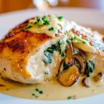 Creamy mushroom and spinach stuffed chicken breast with golden-brown seared skin, filled with sautéed mushrooms, wilted spinach, and creamy garlic sauce, garnished with fresh parsley.