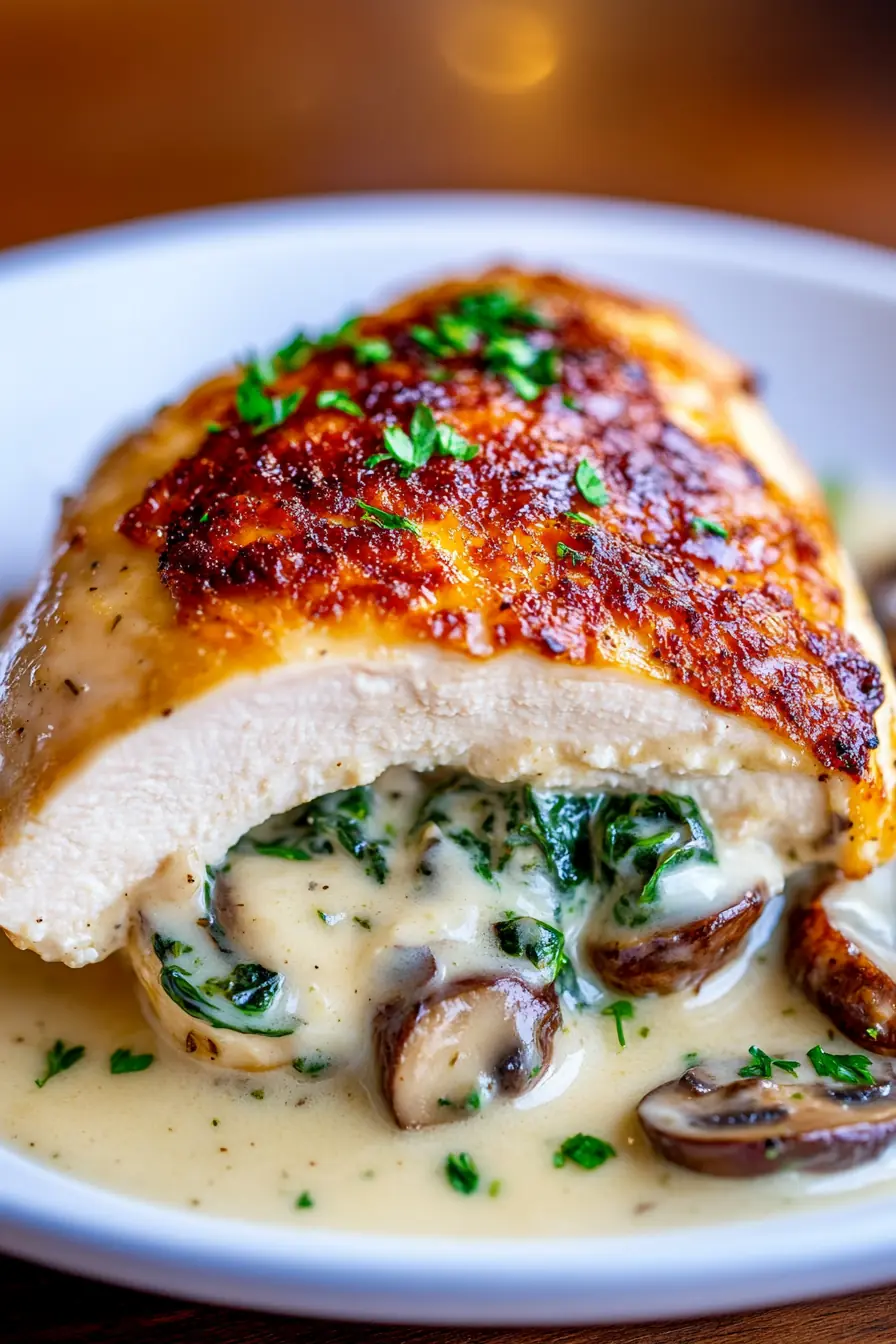 Golden-brown creamy mushroom and spinach stuffed chicken breast, sliced open to reveal a rich spinach and mushroom filling, covered in a velvety garlic cream sauce, garnished with fresh parsley.