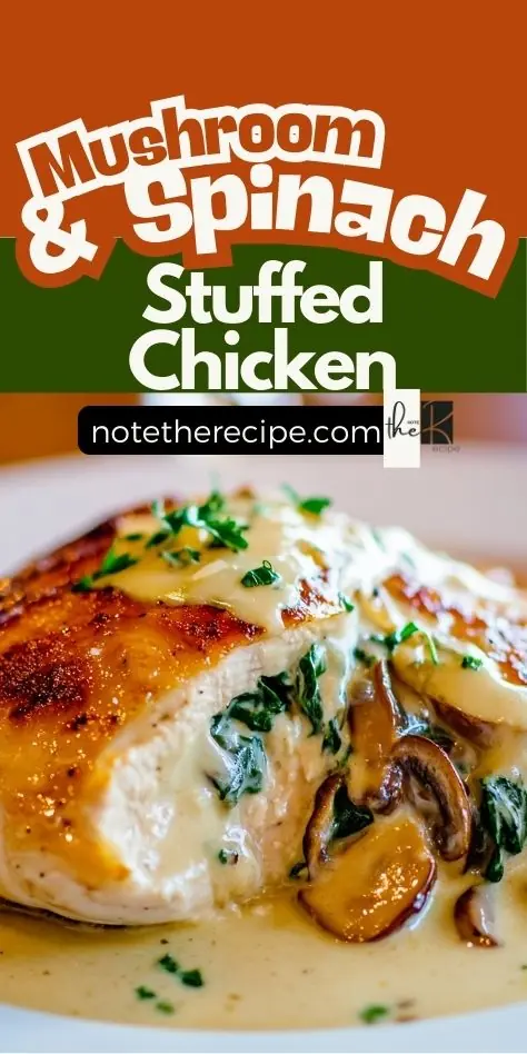 Golden-brown creamy mushroom and spinach stuffed chicken, sliced to reveal a rich spinach and mushroom filling, topped with a velvety garlic sauce and garnished with fresh parsley.