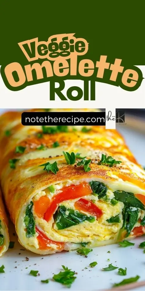 Effortless veggie omelette roll with golden-brown eggs, fresh spinach, red bell peppers, and melted cheese, garnished with parsley, presented on a white plate.