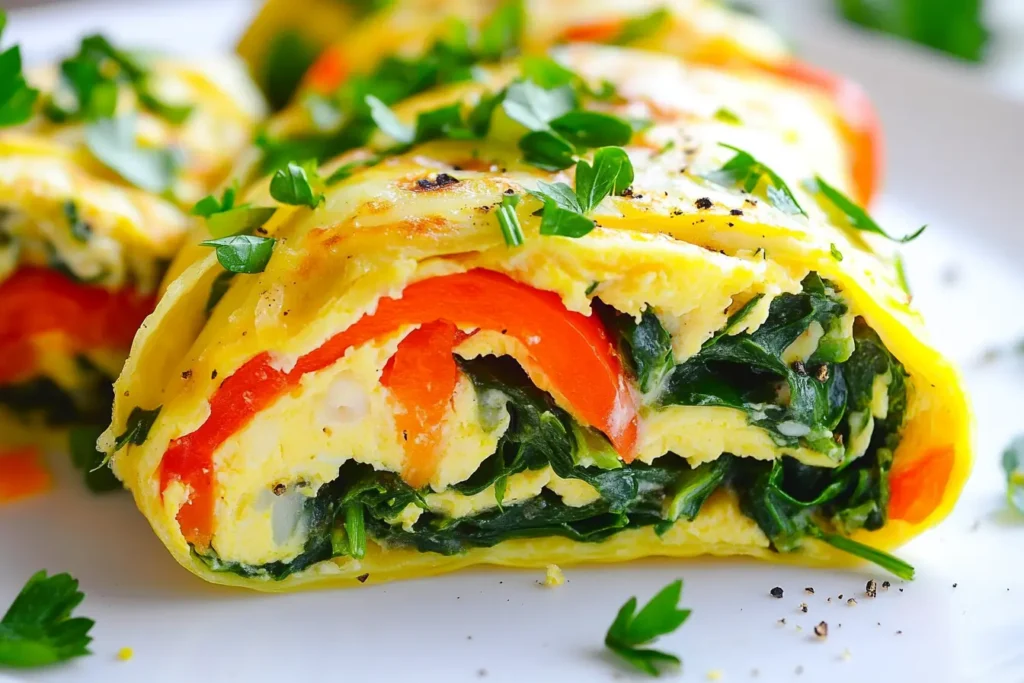 Close-up of an effortless veggie omelette roll with spinach, bell peppers, and melted cheese, garnished with fresh parsley and black pepper on a white plate.