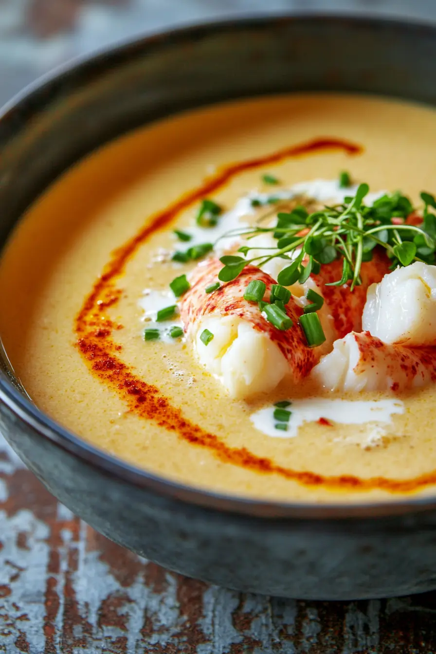 Keto Lobster Bisque with Saffron Infusion – A Creamy Low-Carb Soup Keto lobster bisque with saffron infusion, featuring butter-poached lobster, coconut cream drizzle, and fresh chives, served in a rustic black ceramic bowl.