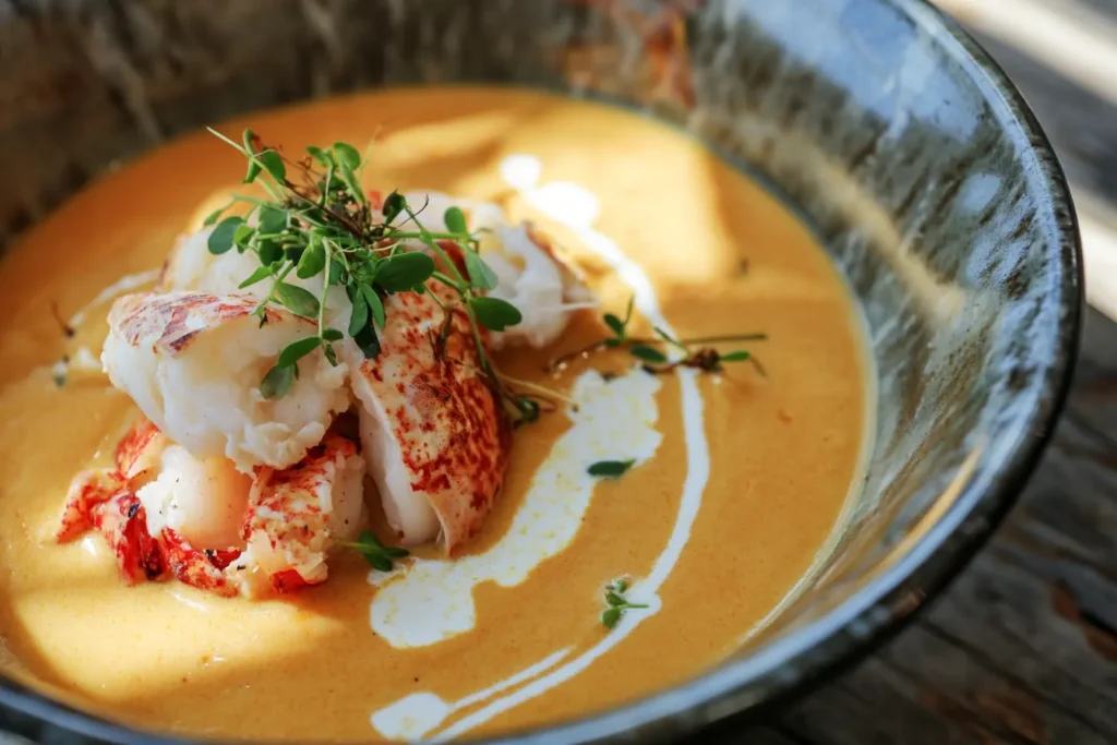Keto-friendly lobster bisque with saffron infusion, topped with butter-poached lobster, fresh microgreens, and a drizzle of coconut cream in a rustic ceramic bowl.