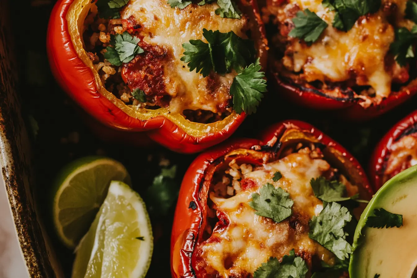 Close-up of roasted stuffed bell peppers filled with seasoned ground beef and cauliflower rice, topped with golden melted cheese and garnished with fresh cilantro and lime wedges.