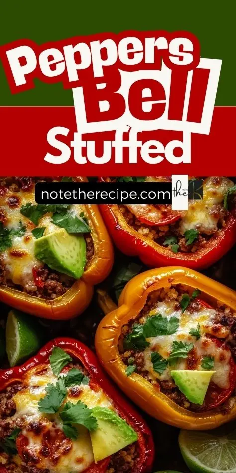 Pinterest graphic featuring roasted stuffed bell peppers, filled with seasoned ground beef and cauliflower rice, topped with melted cheese, fresh cilantro, and avocado slices.