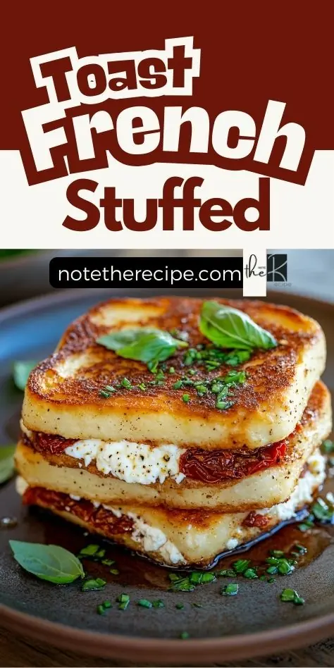 Keto Stuffed French Toast with Sun-Dried Tomatoes & Feta Keto-friendly sun-dried tomato and feta stuffed French toast, stacked high, golden brown with a crispy exterior, creamy feta filling, and sun-dried tomatoes, garnished with fresh basil and chives, drizzled with balsamic glaze.