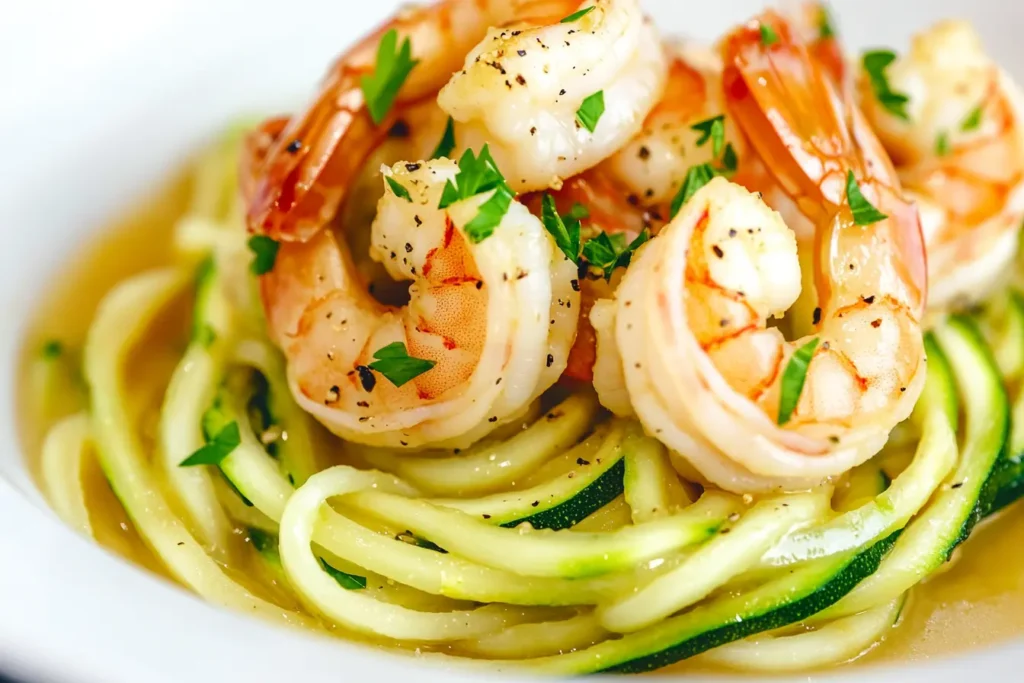 Close-up of a keto-friendly lemon butter garlic shrimp pasta with sautéed zucchini noodles, tender shrimp, and a rich golden butter sauce, garnished with parsley and black pepper.