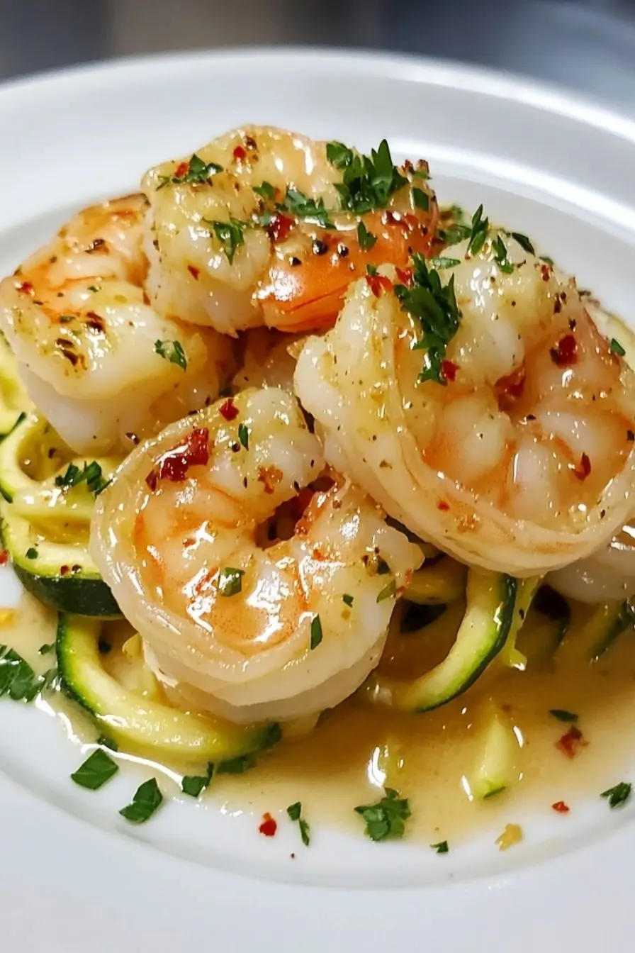 Lemon Butter Garlic Shrimp Pasta – Keto & Low-Carb Delight Keto-friendly lemon butter garlic shrimp pasta with zucchini noodles, topped with juicy, pan-seared shrimp in a rich garlic butter sauce, garnished with parsley and red pepper flakes.
