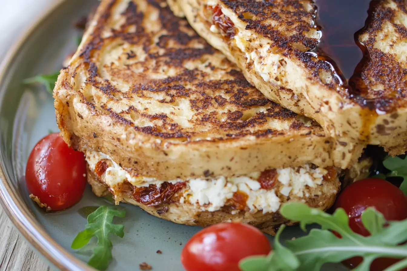 Low-Carb Sun-Dried Tomato and Feta Stuffed French Toast Crispy, golden-brown keto sun-dried tomato and feta stuffed French toast on a rustic plate, garnished with fresh arugula, cherry tomatoes, and balsamic glaze.