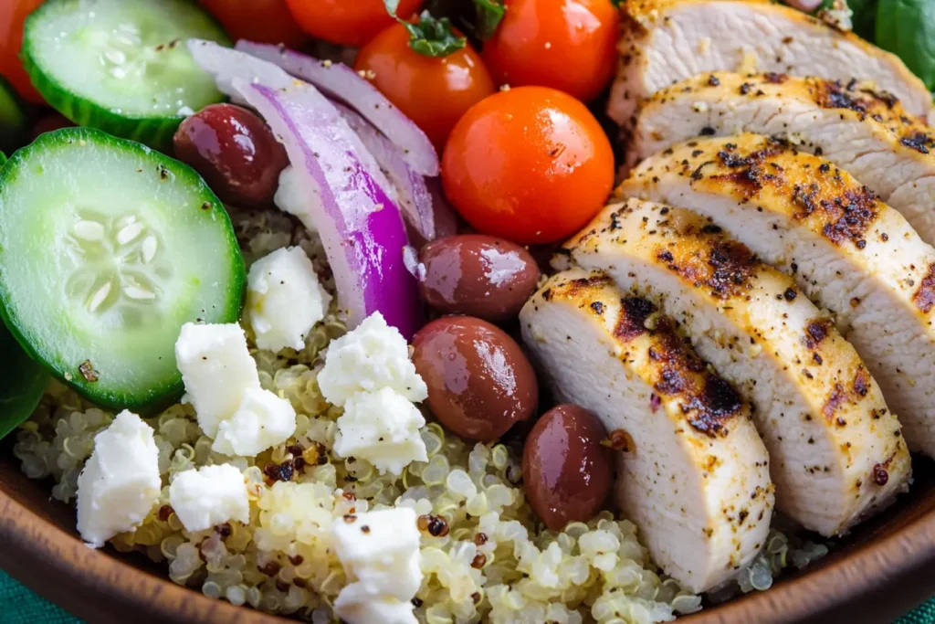 Close-up of a Mediterranean Quinoa Power Bowl with fluffy quinoa, grilled chicken breast, cherry tomatoes, crisp cucumber slices, Kalamata olives, red onion, and crumbled feta cheese, seasoned with black pepper and olive oil.