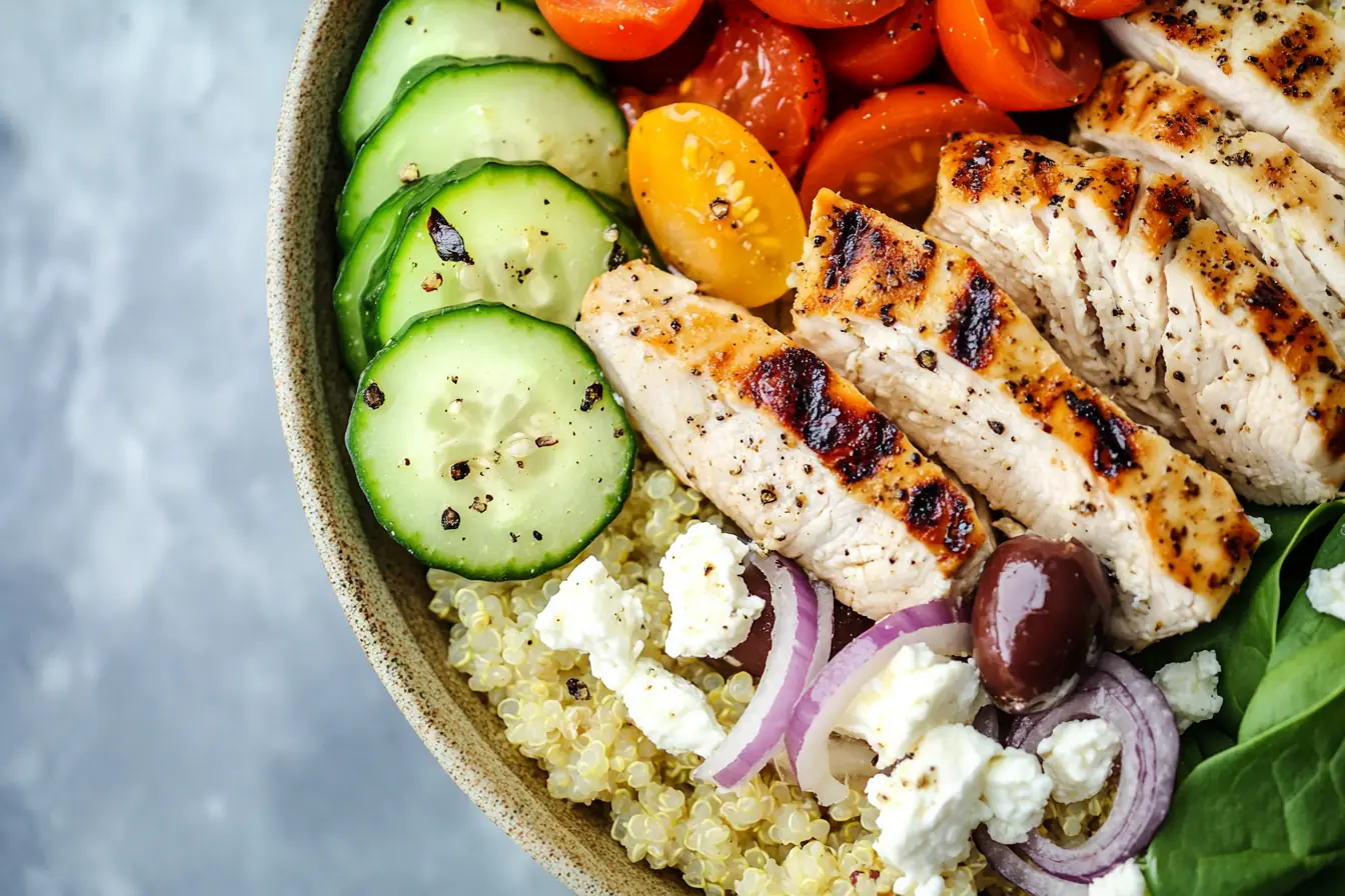 Mediterranean Quinoa Power Bowl with Grilled Chicken & Feta A close-up of a Mediterranean Quinoa Power Bowl with fluffy quinoa, grilled chicken breast slices with seared grill marks, fresh cherry tomatoes, sliced cucumbers, Kalamata olives, thinly sliced red onion, and crumbled feta cheese, seasoned with black pepper.