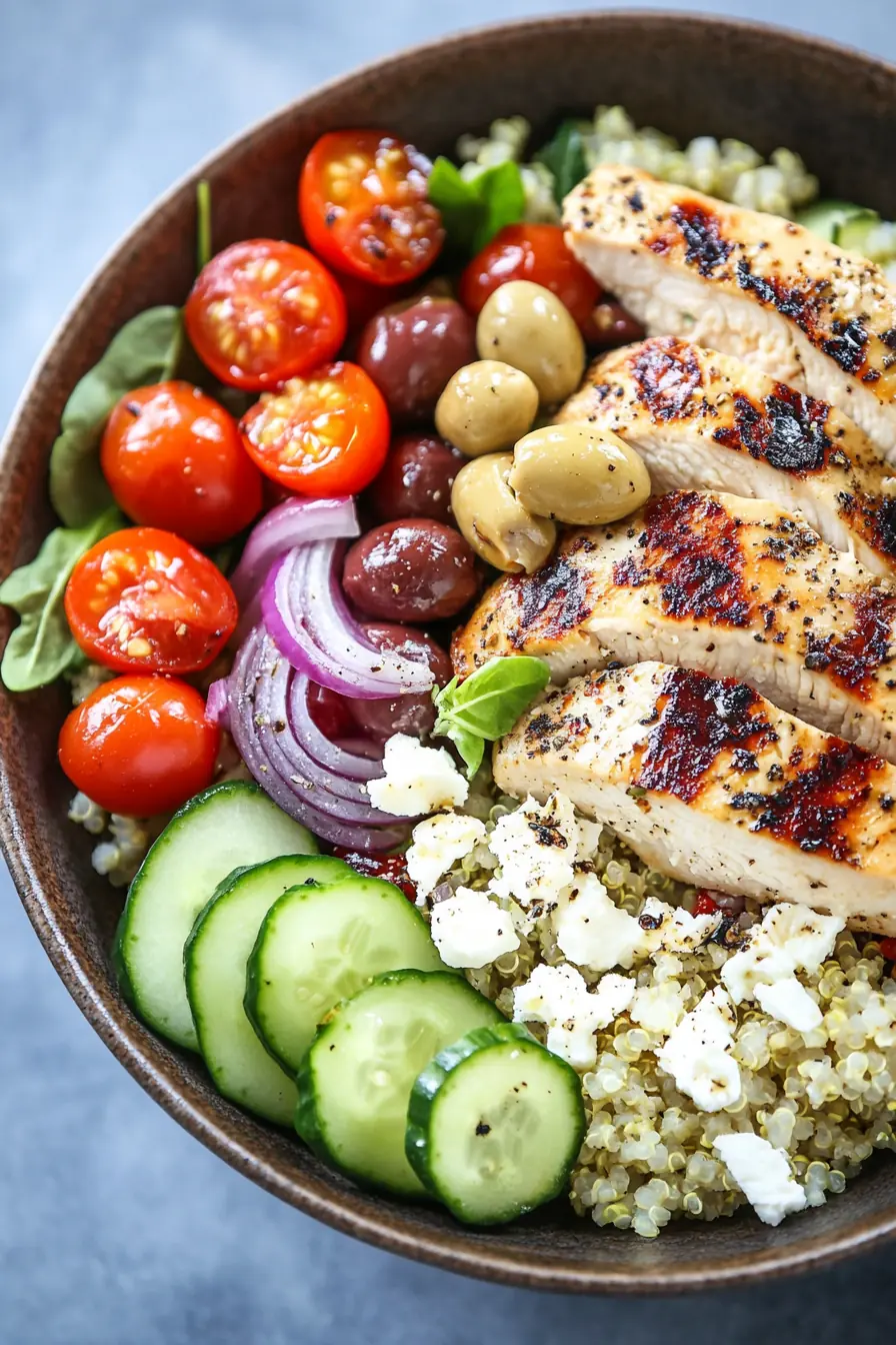 Mediterranean Quinoa Power Bowl with Grilled Chicken & Olives A vibrant Mediterranean Quinoa Power Bowl with fluffy quinoa, grilled chicken breast, cherry tomatoes, sliced cucumbers, red onion, Kalamata and green olives, crumbled feta cheese, and fresh spinach, lightly seasoned with black pepper.