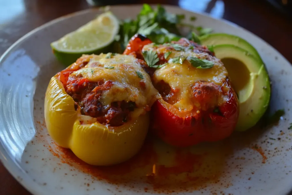 Close-up of roasted stuffed bell peppers with melted cheese, served on a plate with avocado slices, fresh cilantro, and lime wedges.