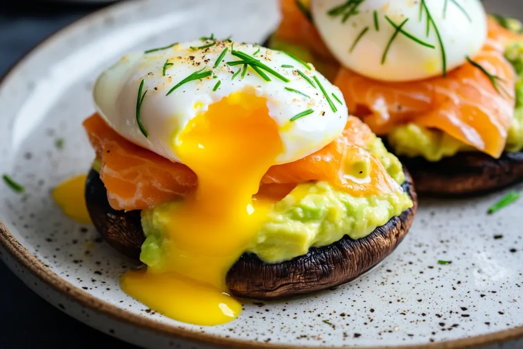 Close-up of Smoked Salmon and Avocado Eggs Royale on a grilled portobello mushroom, topped with a perfectly poached egg with a runny yolk, garnished with fresh chives.