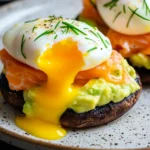 Close-up of Smoked Salmon and Avocado Eggs Royale on a grilled portobello mushroom, topped with a perfectly poached egg with a runny yolk, garnished with fresh chives.