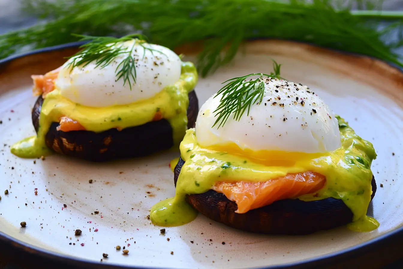 Smoked Salmon and Avocado Eggs Royale with Herb Hollandaise Keto-friendly Smoked Salmon and Avocado Eggs Royale served on a grilled portobello mushroom, topped with silky smoked salmon, a poached egg, and drizzled with a creamy, green herb-infused hollandaise sauce, garnished with fresh dill and black pepper.