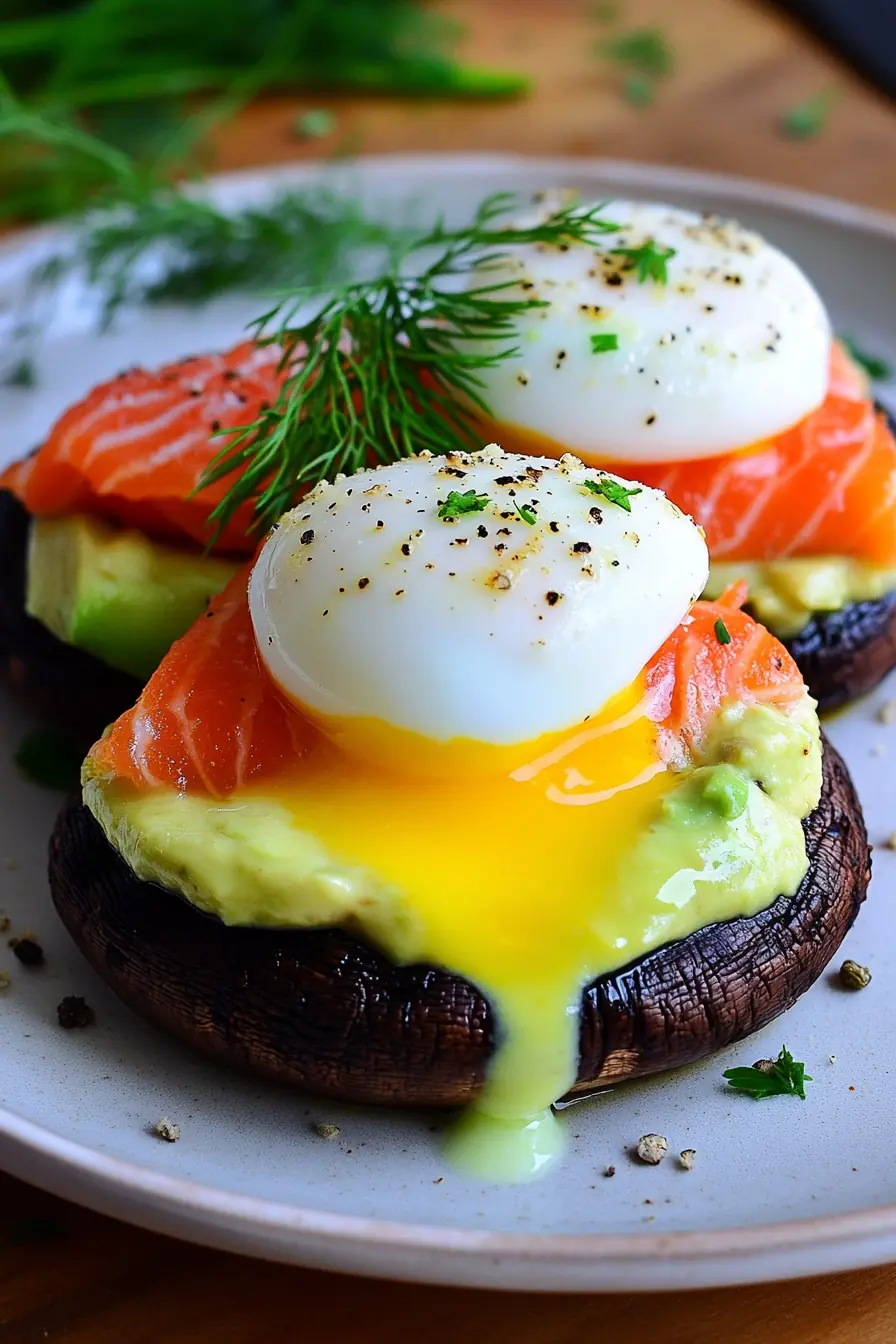 Smoked Salmon and Avocado Eggs Royale – Keto Brunch Favorite Close-up of Smoked Salmon and Avocado Eggs Royale on a grilled portobello mushroom, layered with creamy mashed avocado, silky smoked salmon, and a perfectly poached egg with a runny yolk, garnished with fresh dill and black pepper.
