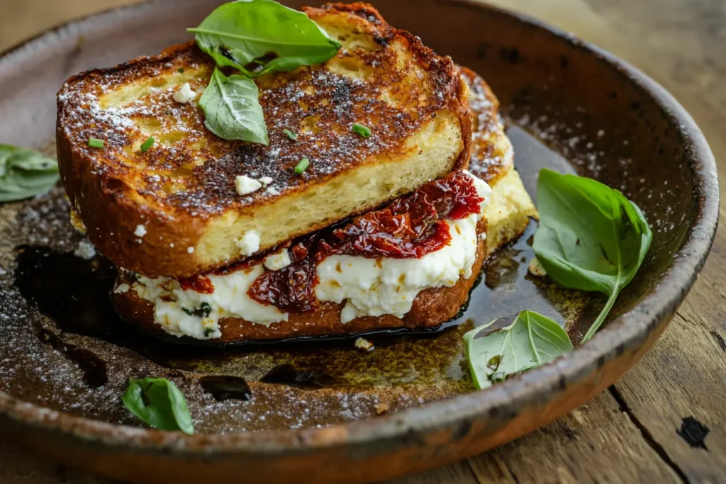 Savory sun-dried tomato and feta stuffed French toast served on a rustic ceramic plate, garnished with fresh basil and drizzled with balsamic glaze.