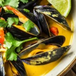 A bowl of Thai coconut curry mussels with a creamy golden-yellow broth, garnished with fresh cilantro, red bell pepper slices, and a lime wedge, served in a rustic ceramic bowl on a wooden table.