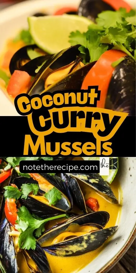 Thai Coconut Curry Mussels – A Bold & Flavorful Dish Two images of Thai coconut curry mussels; one close-up shot of mussels in a golden coconut broth with red bell peppers, cilantro, and lime, and another overhead shot featuring the dish’s rich colors and textures.