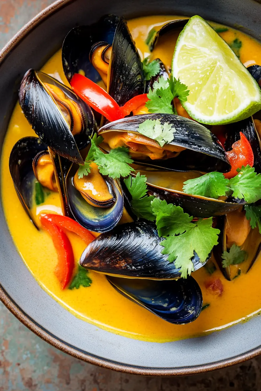 Thai Mussels in Coconut Curry – A Flavorful & Creamy Dish A bowl of Thai mussels in coconut curry, served in a rich golden broth with fresh cilantro, red bell peppers, and a lime wedge, presented in a rustic ceramic dish.