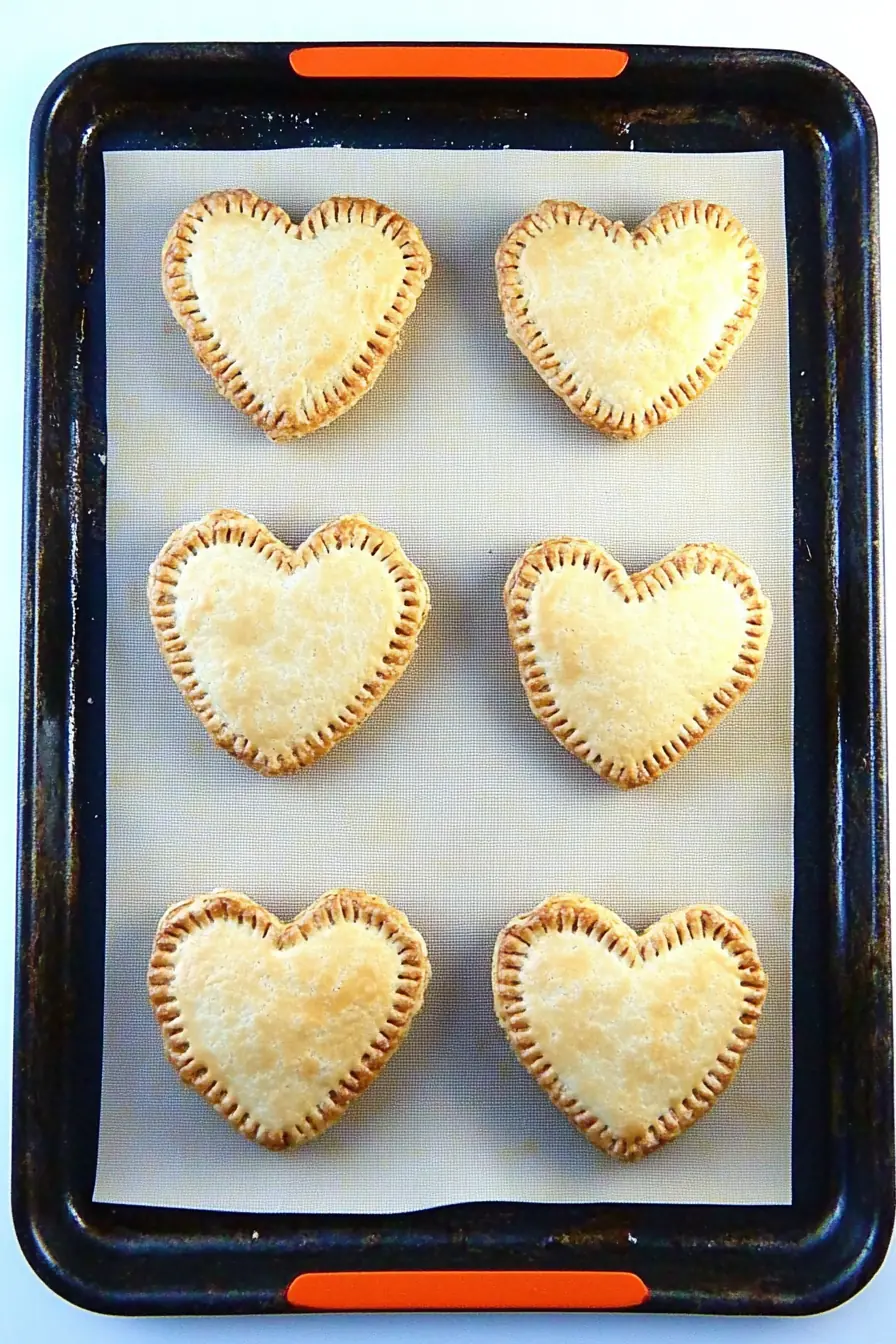 Freshly baked heart-shaped pop tarts with golden crust, arranged on a baking sheet lined with parchment paper.