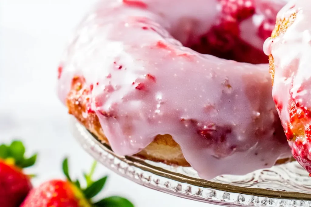 Close-up of a fluffy baked strawberry donut with fresh strawberry glaze dripping from the edges. A perfect sweet treat for brunch or dessert.