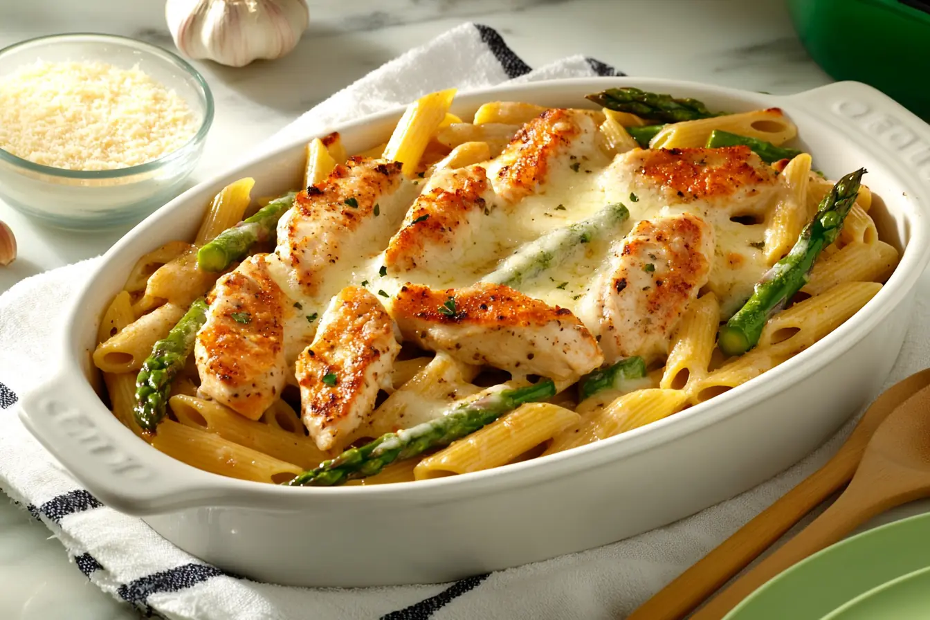 A delicious chicken asparagus pasta bake with golden-browned chicken, fresh asparagus, and penne pasta in a creamy parmesan sauce, served in a white baking dish.