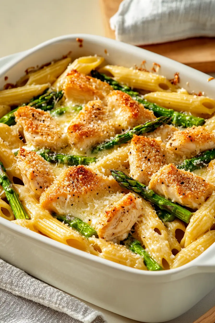 A golden-baked chicken asparagus pasta bake with tender chicken, fresh asparagus, and penne pasta, topped with parmesan and crispy breadcrumbs in a white casserole dish.