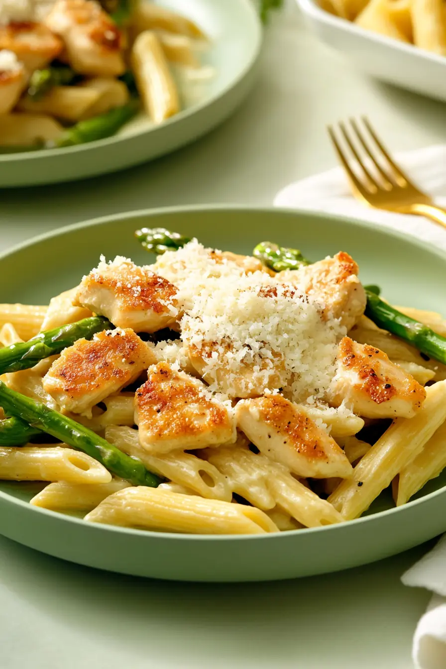 A creamy chicken asparagus pasta served on a green plate, featuring golden-browned chicken, fresh asparagus, penne pasta, and a generous sprinkle of parmesan cheese.
