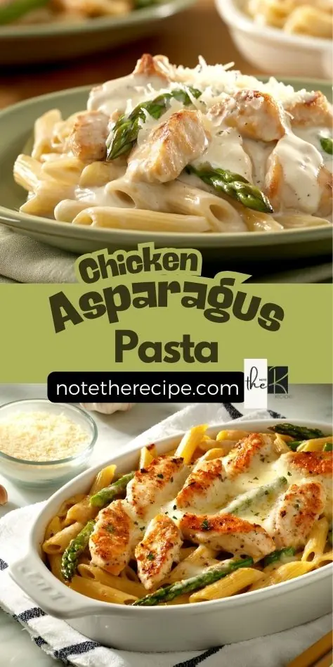 A creamy and delicious chicken asparagus pasta dish with tender chicken, fresh asparagus, and penne pasta, featured in a visually appealing Pinterest pin.