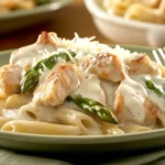 Close-up of a creamy chicken asparagus pasta dish with tender chicken, fresh asparagus, penne pasta, and parmesan cheese, served on a green plate.