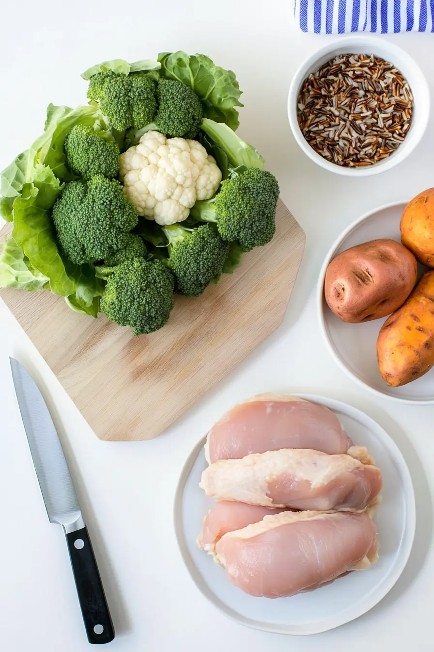 Fresh ingredients for a chicken power bowl, including raw chicken breasts, sweet potatoes, broccoli, cauliflower, wild rice, and lettuce on a cutting board.