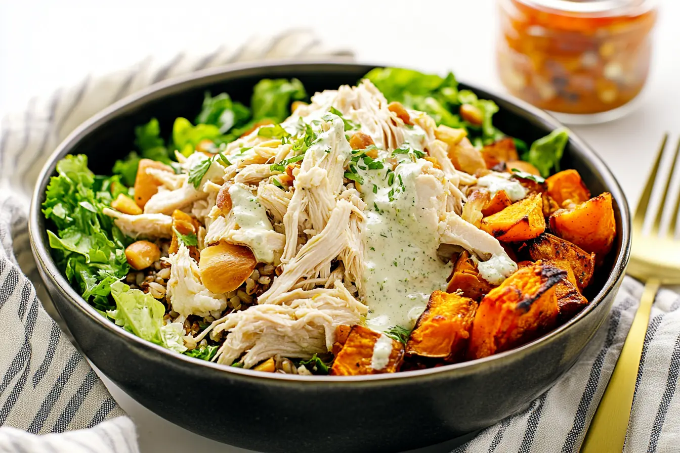 A delicious chicken power bowl with shredded chicken, roasted sweet potatoes, wild rice, romaine lettuce, and a creamy cilantro-lime dressing.