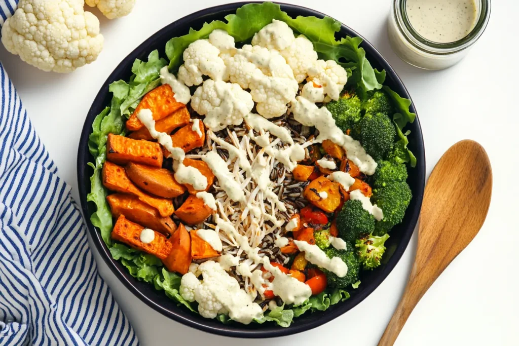 Chicken power bowl with roasted sweet potatoes, broccoli, cauliflower, wild rice, and creamy cilantro-lime dressing – a healthy and protein-packed meal.