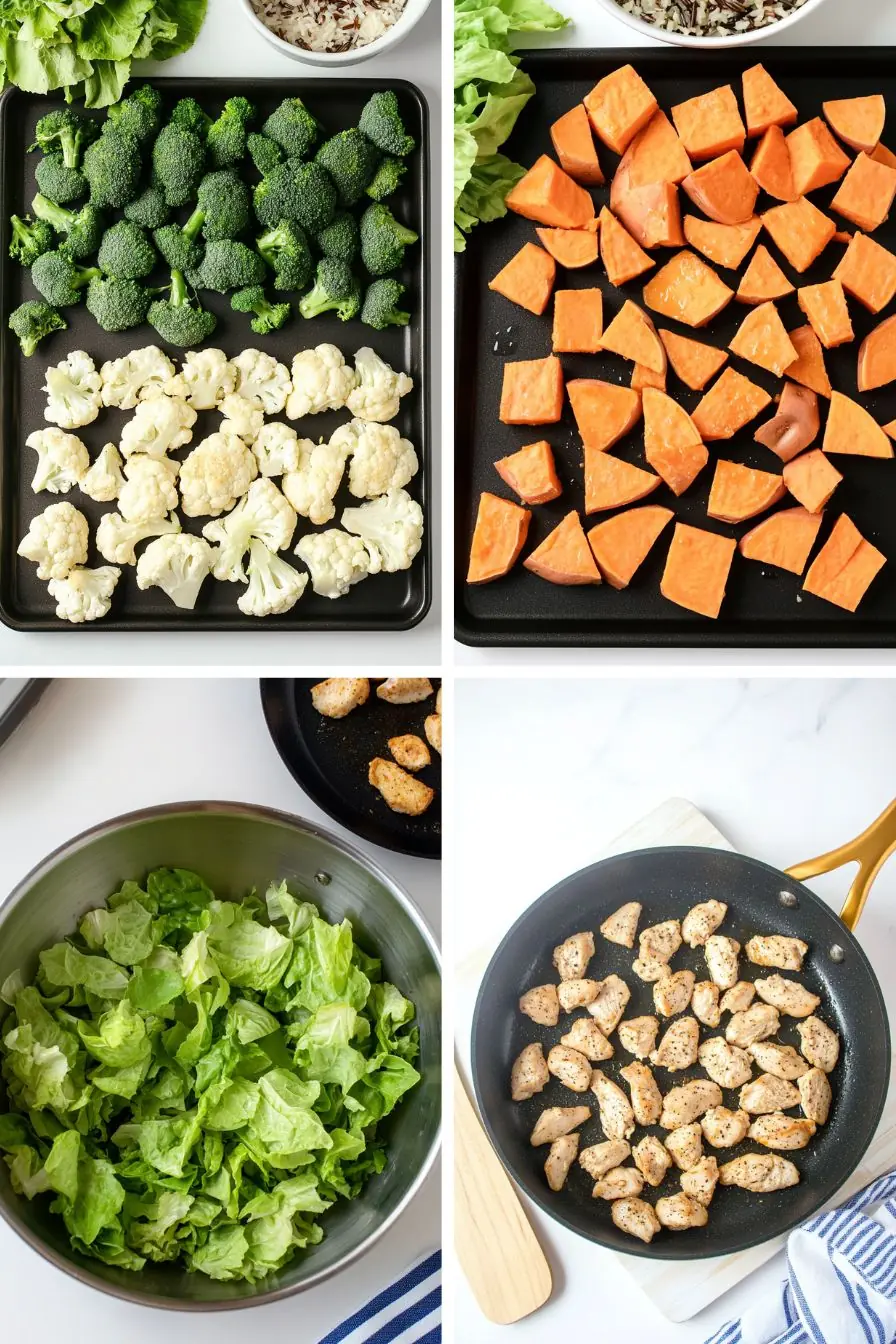 Step-by-step process of making a chicken power bowl, featuring roasted broccoli, cauliflower, and sweet potatoes, fresh romaine lettuce, and sautéed chicken.