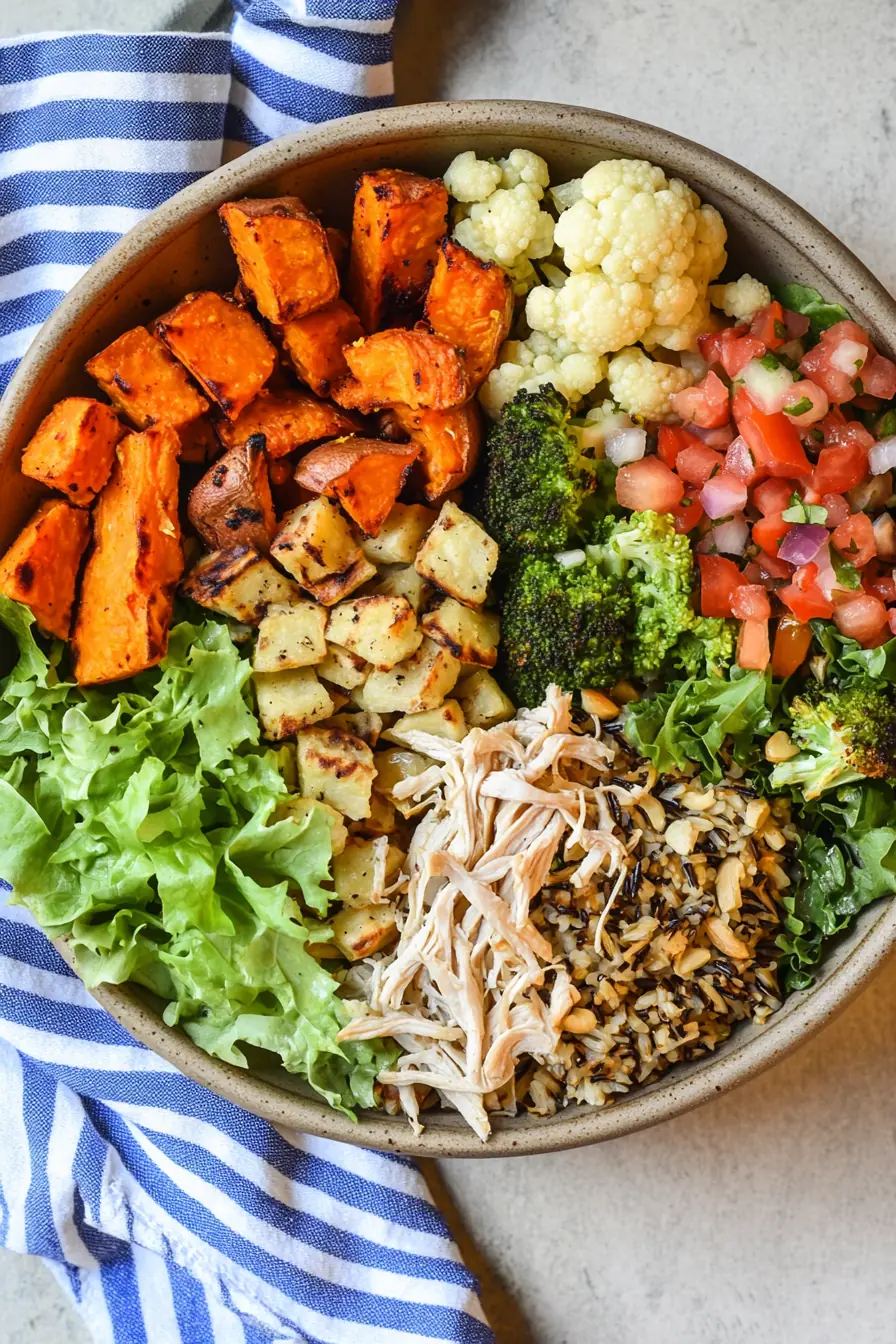 A colorful chicken power bowl with roasted sweet potatoes, wild rice, shredded chicken, cauliflower, broccoli, pico de gallo, and fresh lettuce.