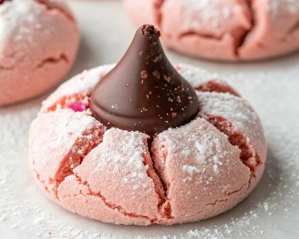 A close-up of a Strawberry Kiss Cookie with a chocolate center, dusted with powdered sugar, showing its soft, pink texture and crackled surface.