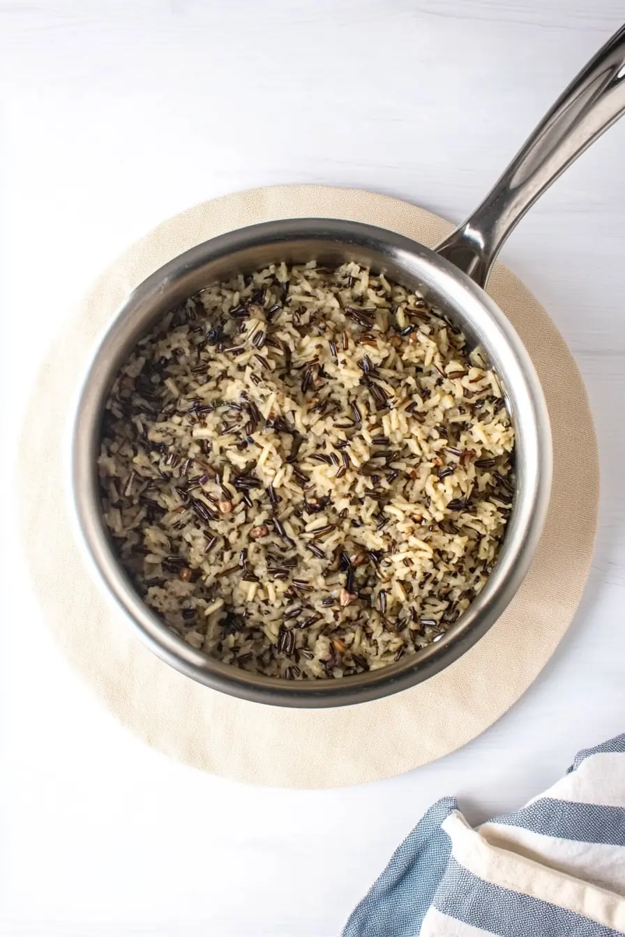 A pot of cooked wild rice mix, a key ingredient in a chicken power bowl, adding fiber, protein, and a nutty flavor to this healthy meal.