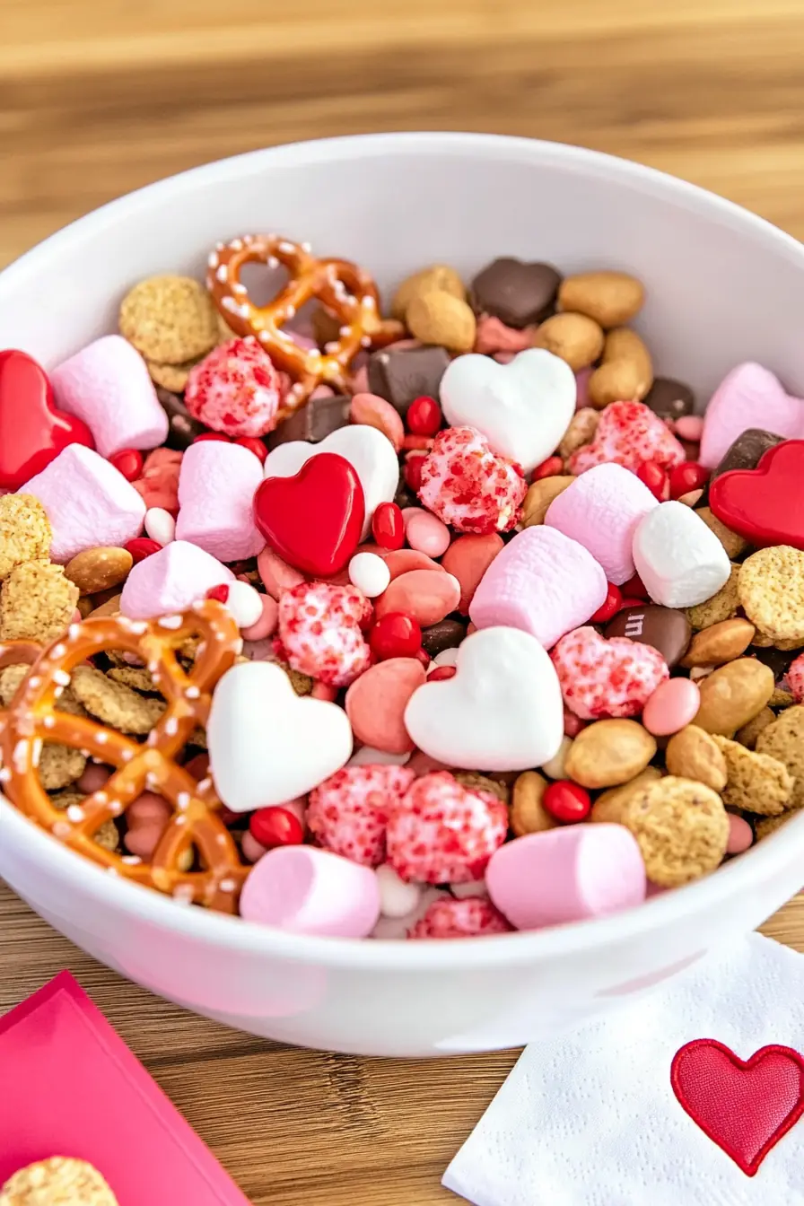 A white bowl filled with Cupid Crunch Valentine’s Day Trail Mix, featuring heart-shaped chocolates, pink marshmallows, pretzels, nuts, and festive red candies.