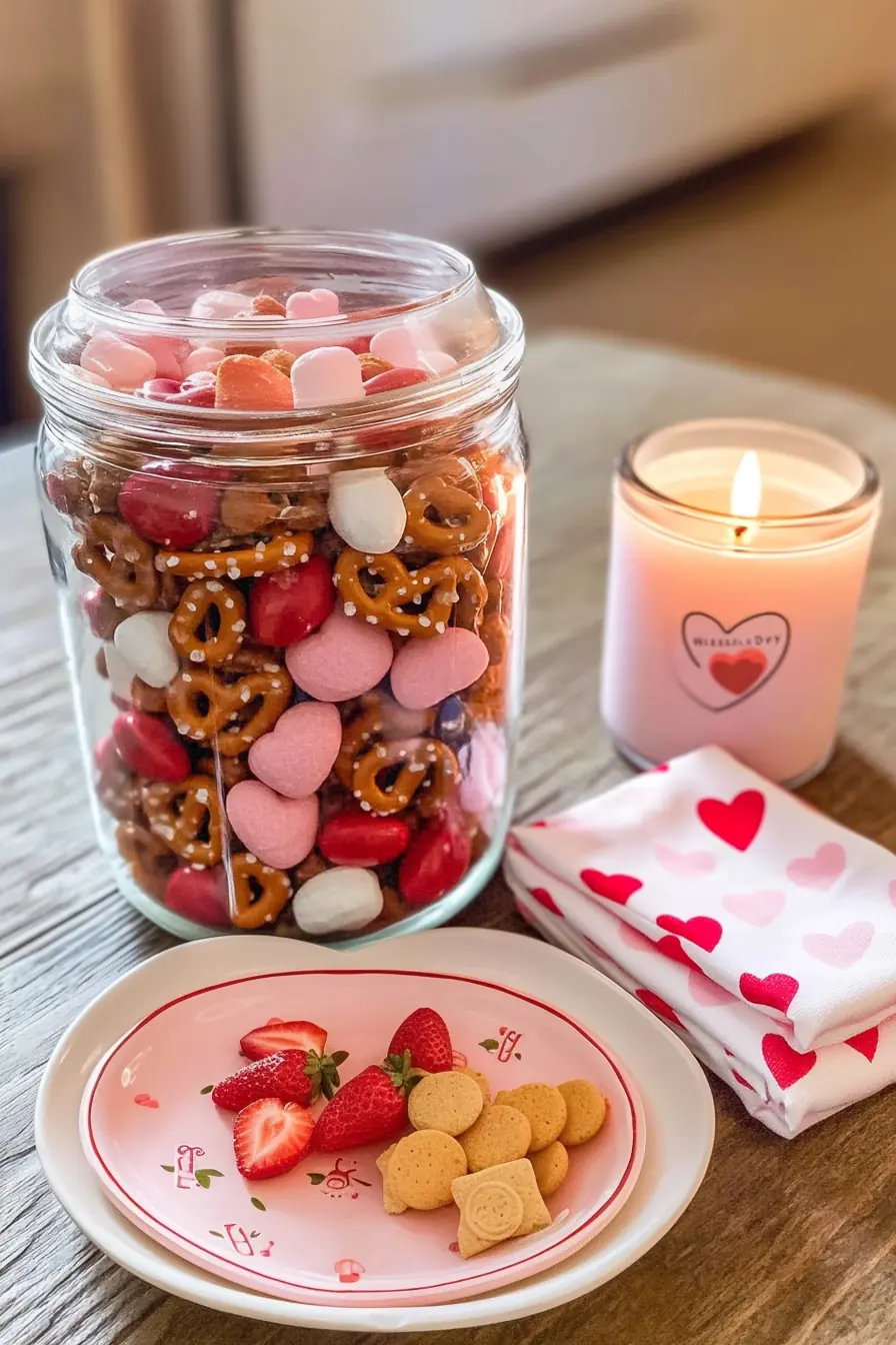 A glass jar filled with Cupid Crunch Valentine’s Day Trail Mix, featuring heart-shaped chocolates, pretzels, and marshmallows, next to fresh strawberries, cookies, and a lit Valentine’s candle on a cozy table setup.
