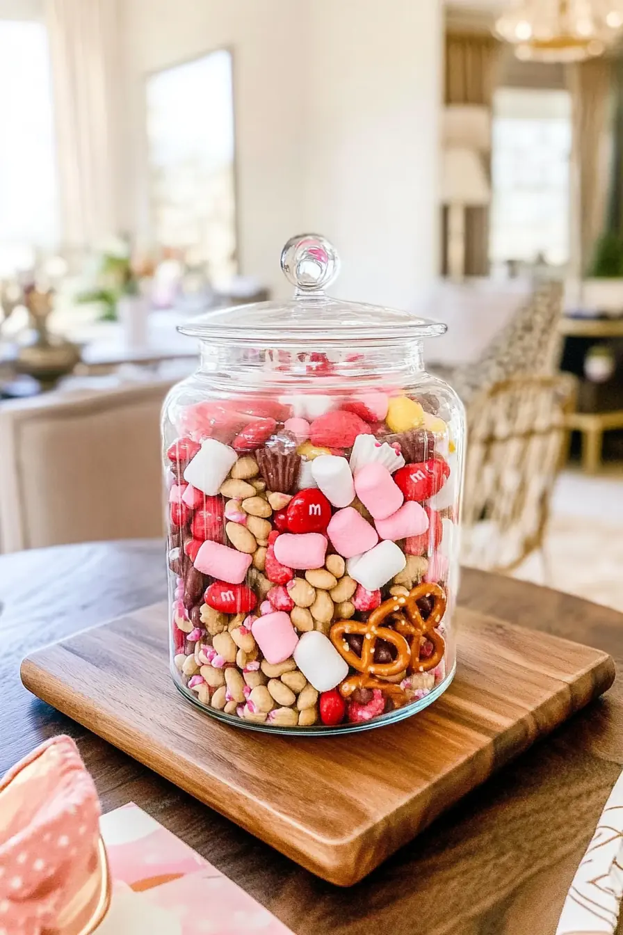 A clear glass jar filled with Cupid Crunch Valentine’s Day Trail Mix, featuring heart-shaped chocolates, pink marshmallows, pretzels, and peanuts, placed on a wooden table.