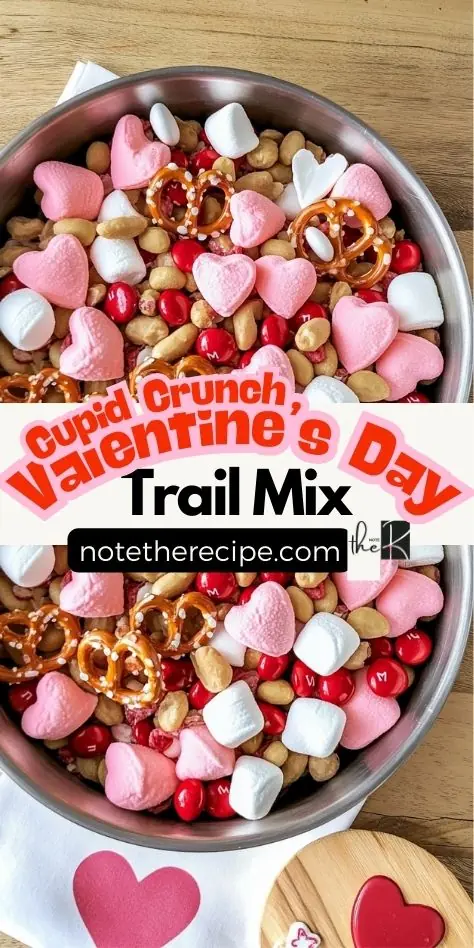 A festive bowl of Cupid Crunch Valentine’s Day Trail Mix with heart-shaped marshmallows, pretzels, peanuts, and red chocolate candies, perfect for Valentine’s Day snacking or gifting. 