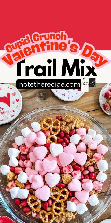 A vibrant bowl of Cupid Crunch Valentine’s Day Trail Mix with heart-shaped marshmallows, pretzels, peanuts, and red chocolate candies, styled with Valentine-themed decorations.
