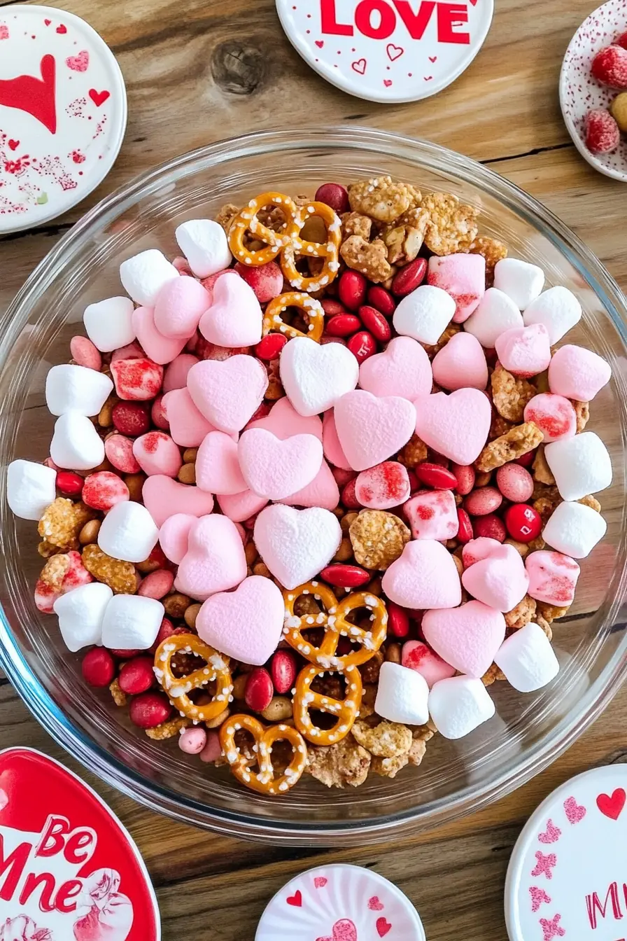 A clear glass bowl filled with Cupid Crunch Valentine’s Day Trail Mix, featuring pink heart marshmallows, pretzels, red chocolates, and crunchy nuts, surrounded by Valentine-themed plates.