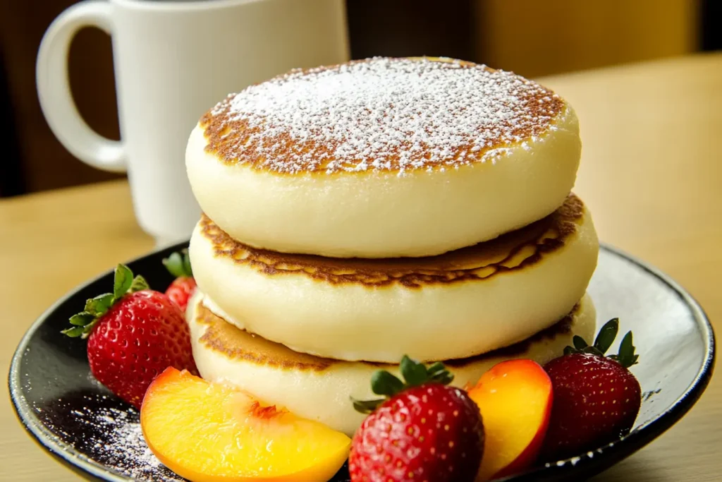 Fluffy Japanese Soufflé Pancakes stacked on a plate, dusted with powdered sugar, and served with fresh strawberries and peach slices.