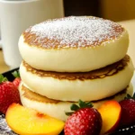Fluffy Japanese Soufflé Pancakes stacked on a plate, dusted with powdered sugar, and served with fresh strawberries and peach slices.