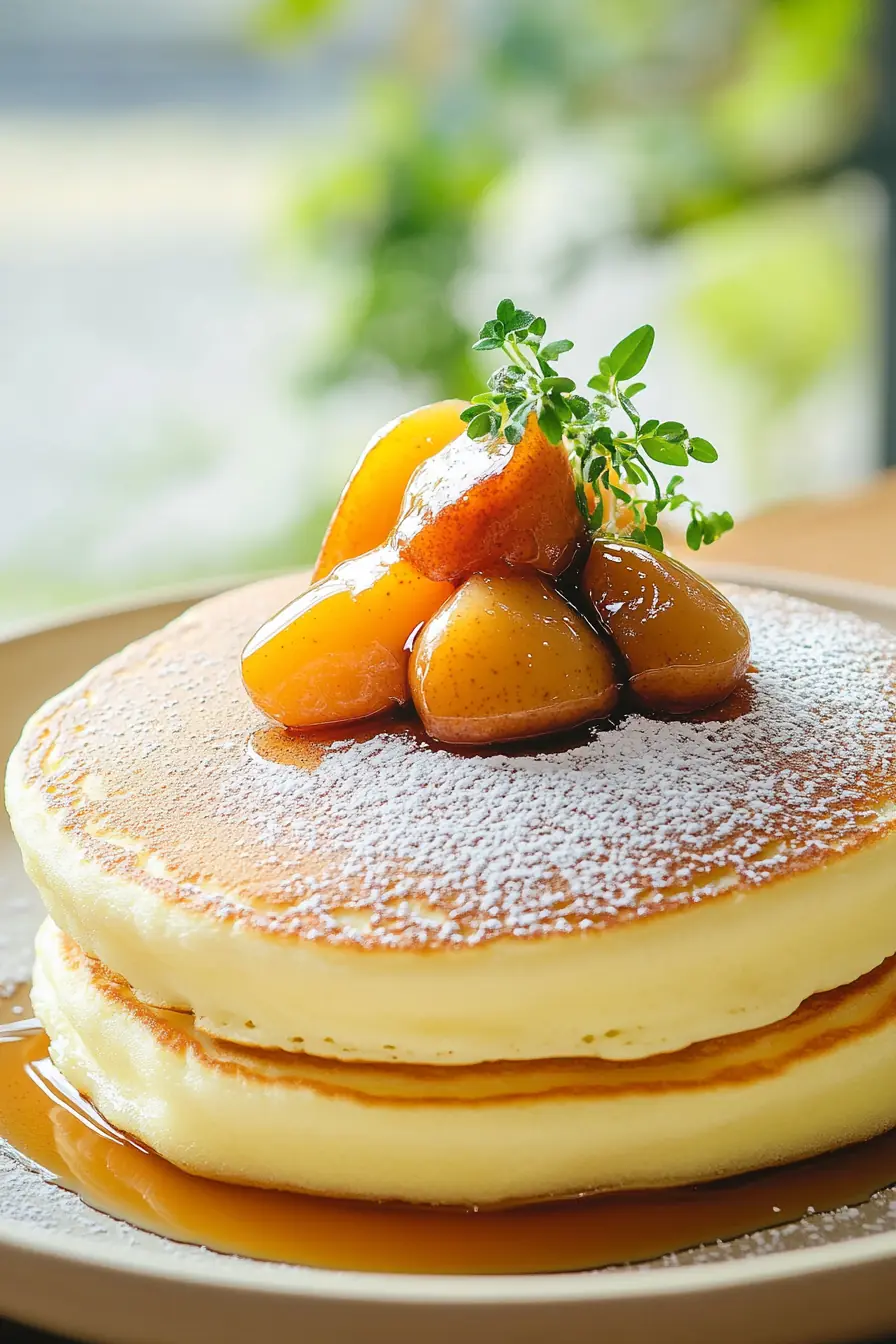 Fluffy Japanese Soufflé Pancakes with Caramelized Pears Fluffy Japanese soufflé pancakes stacked on a plate, dusted with powdered sugar, and topped with caramelized pears, syrup, and fresh thyme.