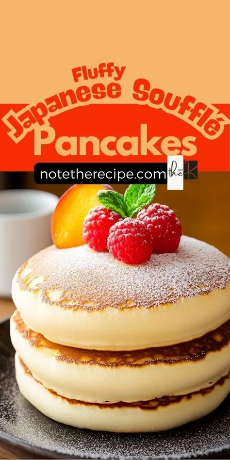 Fluffy Japanese Soufflé Pancakes Recipe – Light & Airy Fluffy Japanese Soufflé Pancakes stacked on a plate, golden-brown, dusted with powdered sugar, and topped with fresh raspberries and a peach slice. A vibrant text overlay highlights the recipe.